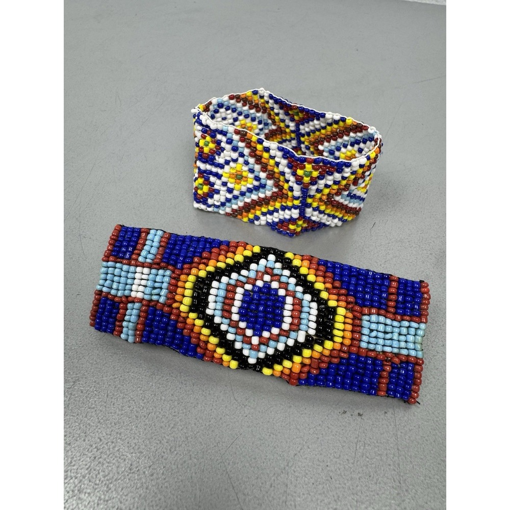 Native American Hand Beaded Hair Barrette & Bracelet Traditional Blue Handmade